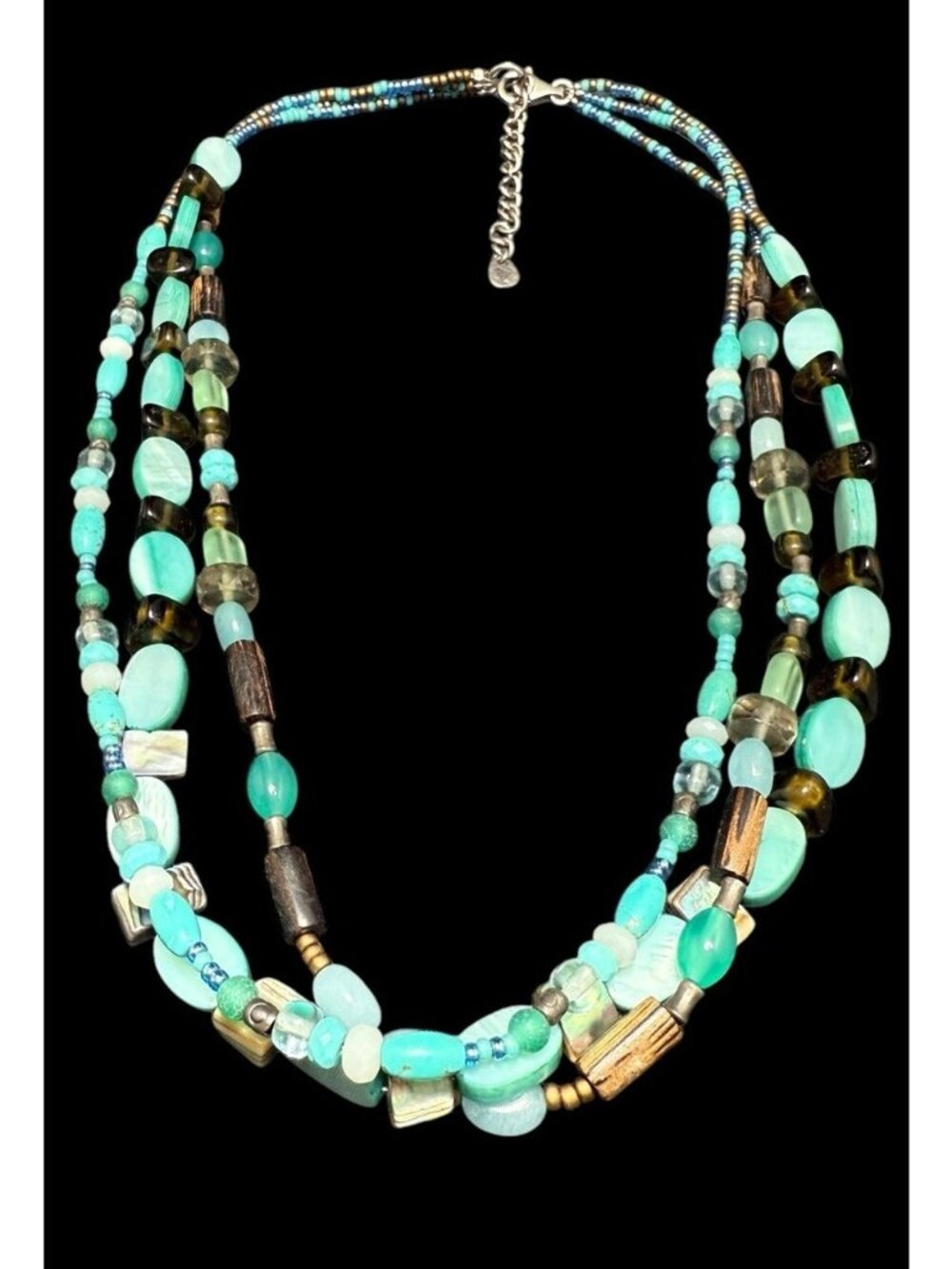 Signed Silpada Blue Bead Stone Shell Necklace Triple Strand Sterling Silver 20”